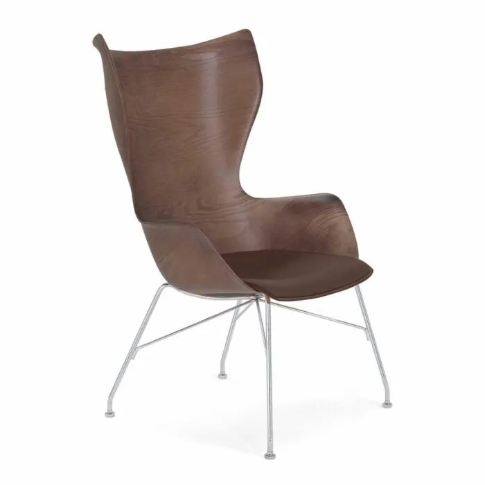 Kartell K/Wood stoel essen-Donker hout-Donker leer-Chroom Op = Op