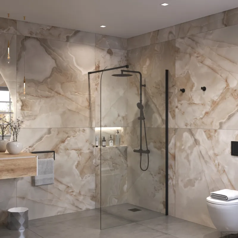 Sanivo Inloopdouche Ronde Hoek Glas 8mm Nano Coating Mat Zwart Profiel met Stang (Alle Maten) Betaalbaar