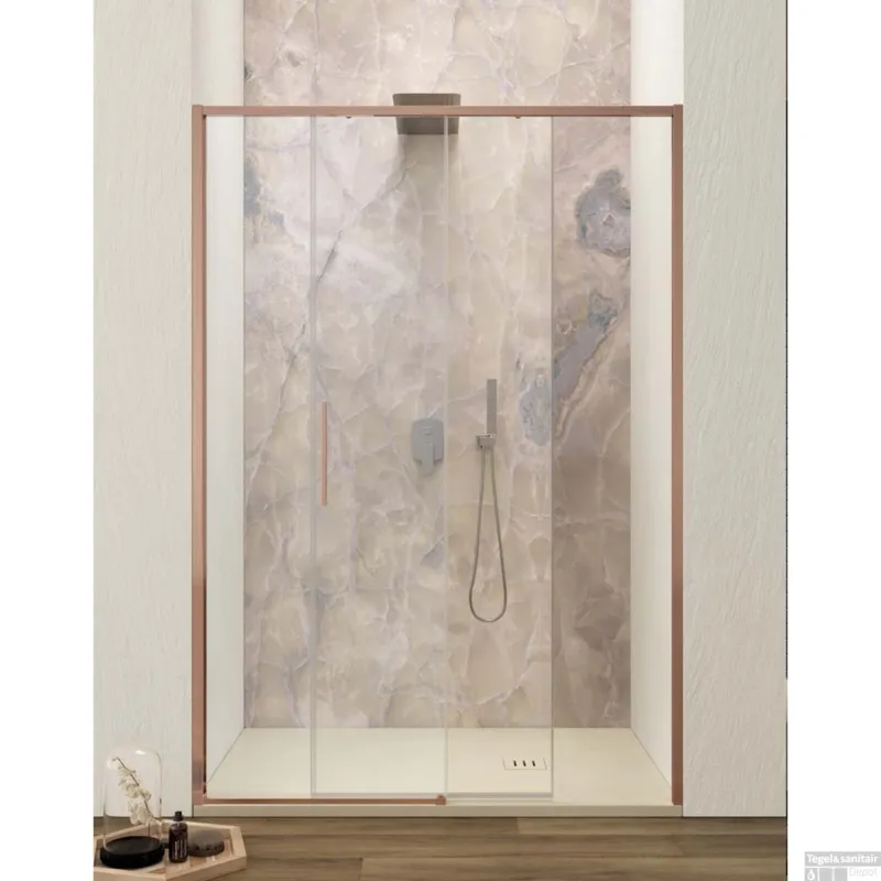 Finale Uitverkoop Schuifdeur Lacus Torcello Tweedelig Helder Glas 160x200 cm Aluminium Profiel Rose Goud