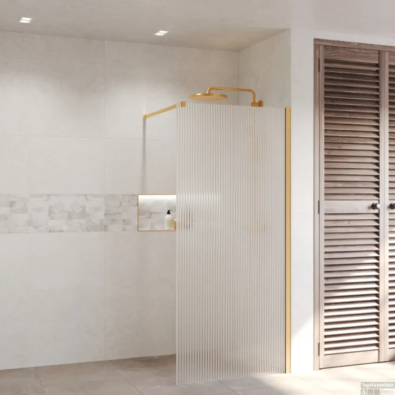 Beste Prijs Inloopdouche Ribbel BWS Portos Geborsteld Messing Goud 140x200 cm Helder Glas 8 mm Nano Coating
