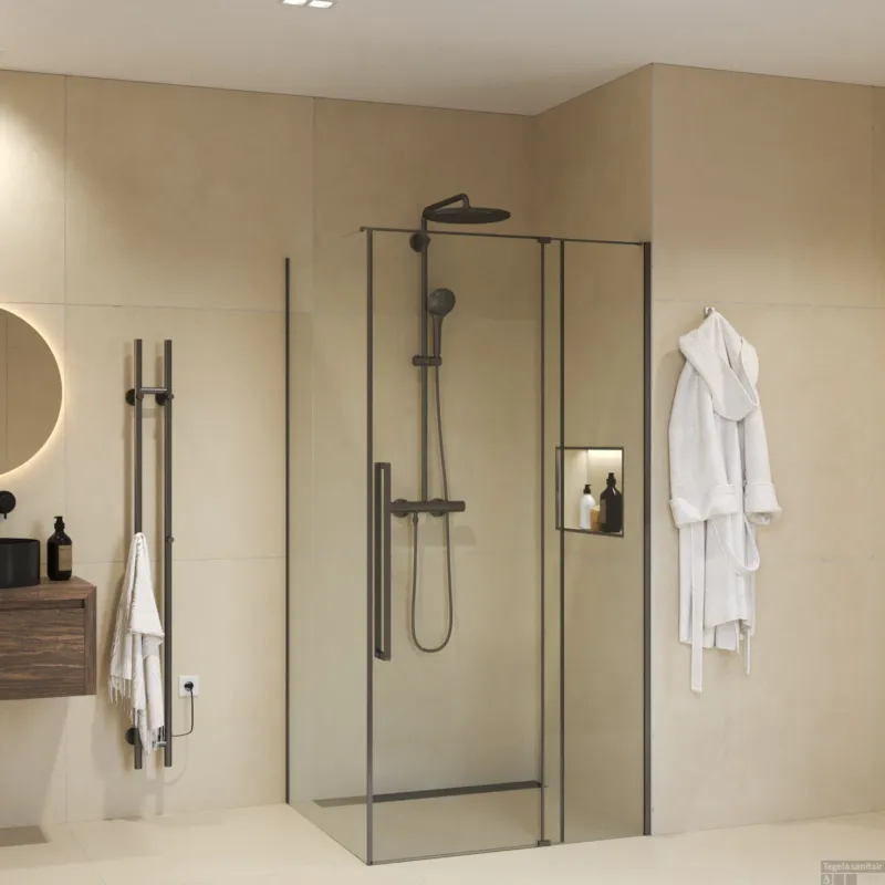 Must-Have Douchecabine Sanivo Sena Met Vast Paneel Helder Glas Met Montagesets Gunmetal (Alle Maten)