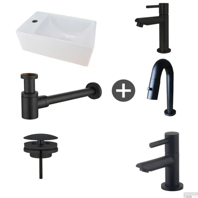 Exclusieve Aanbieding Fonteinpack Rhea XXS Links Keramiek 30.5x18x11 cm Mat Zwart (Keuze uit 4 kranen)