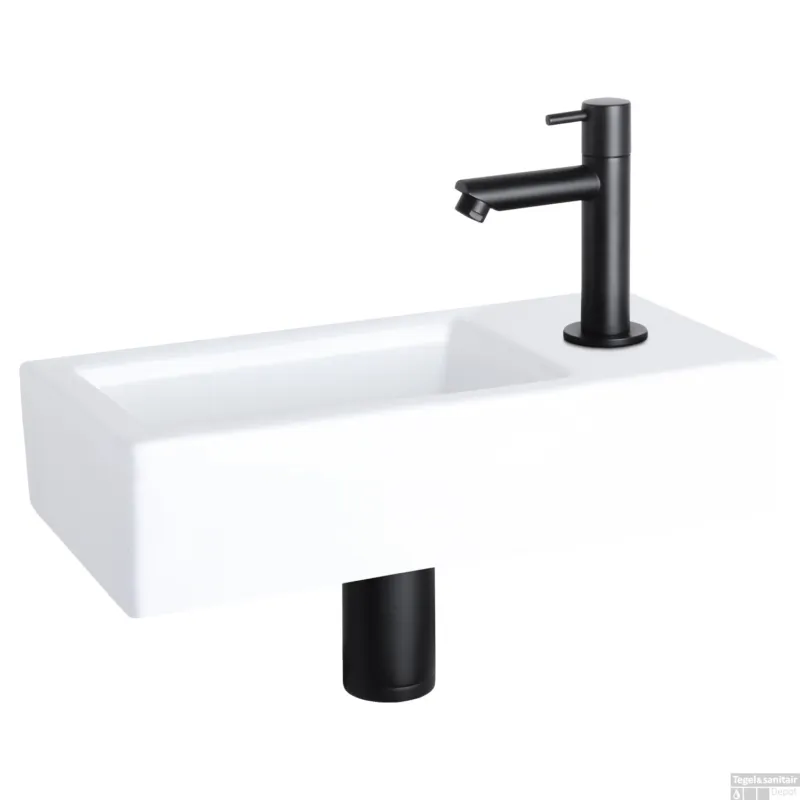 Voordeelprijs Fonteinset Differnz Helios 37.5x18.5x9.5 cm Wit Met Rechte Kraan Rechts Mat Zwart