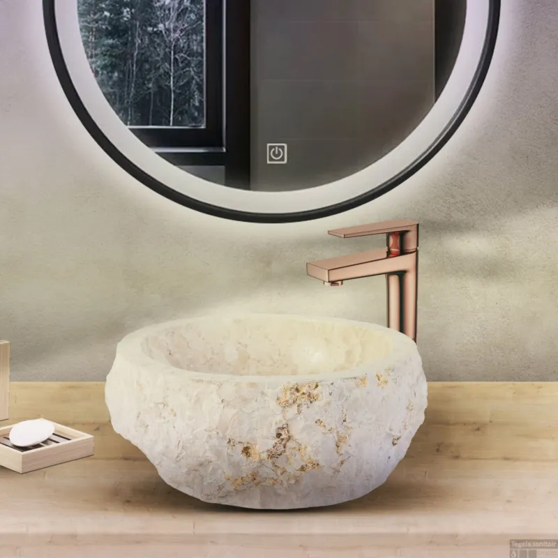Waskom BWS Stone Rond 30-35x30-35x15 cm Natuurmarmer Creme Nieuw