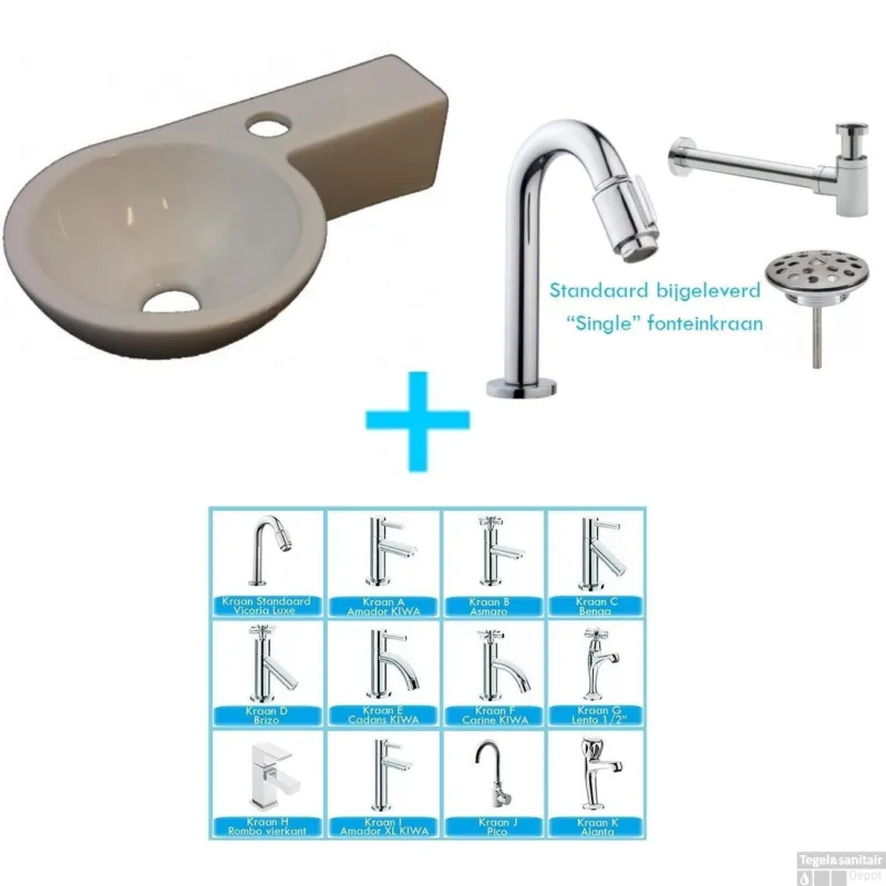 Premium Fonteinpack Keramische Compacte Mini Fontein Slankie Step Wit (Keuze Uit 18 Kranen)