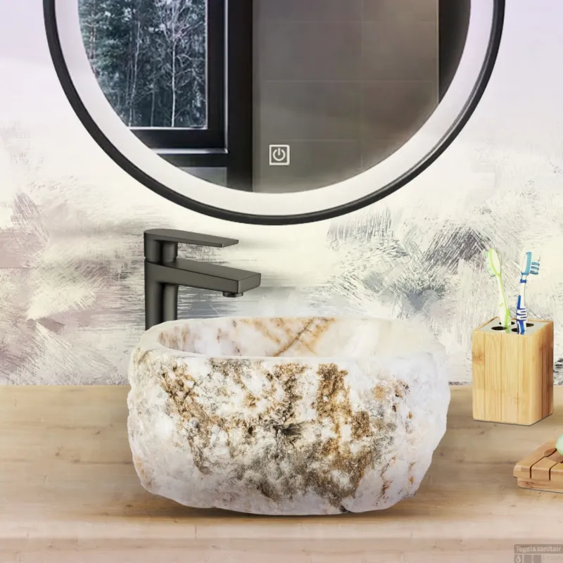 Bestseller Waskom BWS Stone Rond 30-35x30-35x15 cm Gepolijst Natuursteen Sunset Onyx