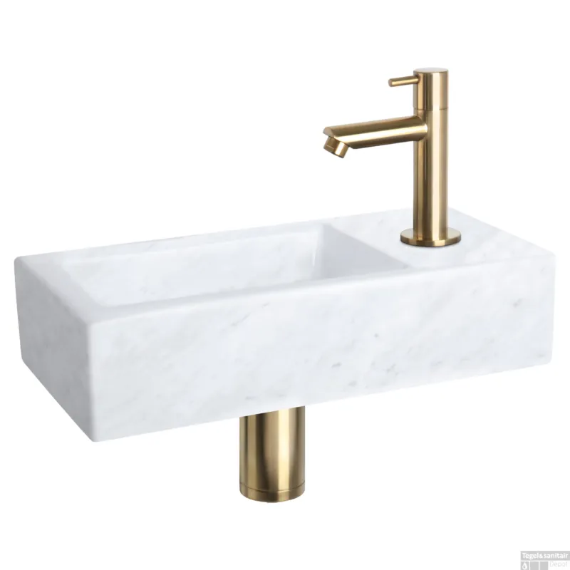Fonteinset Differnz Helios 37.5x18.5x9.5 cm Marmer Wit Met Rechte Kraan Mat Goud Beperkte Voorraad