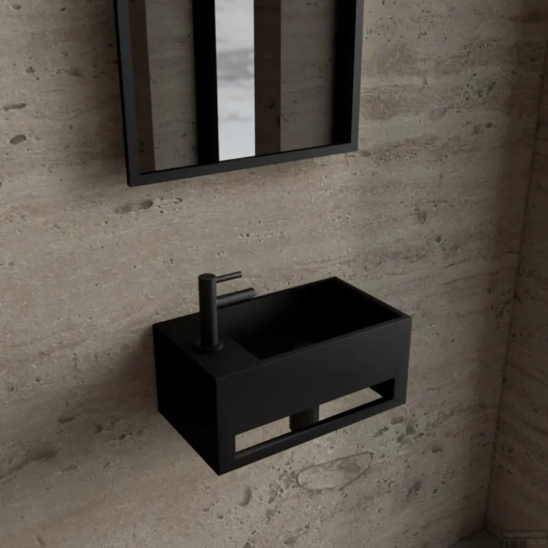 Populair Fonteinset BWS Solid Surface Met Handdoekhouder Links Zwart Mat Zwart
