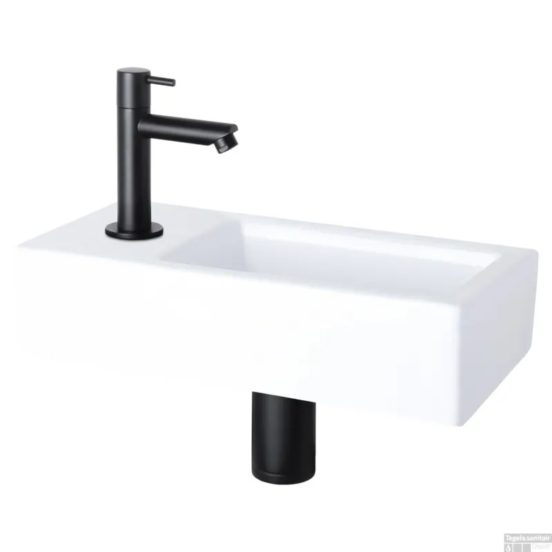 Lage Prijs Fonteinset Differnz Helios 37.5x18.5x9.5 cm Wit Met Rechte Kraan Links Mat Zwart