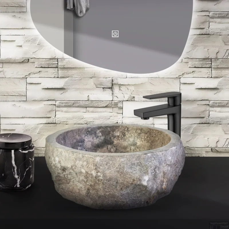 Waskom BWS Stone Rond 30-35x30-35x15 cm Natuurmarmer Grijs Voordeelprijs