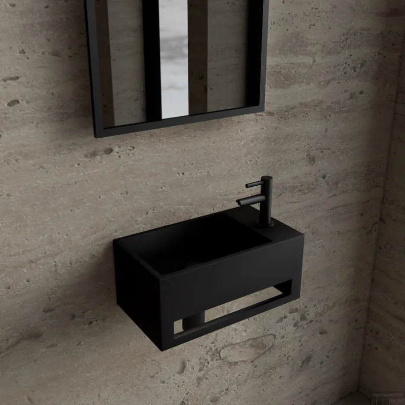 Beperkte Voorraad Fonteinset BWS Solid Surface Met Handdoekhouder Rechts Zwart Mat Zwart
