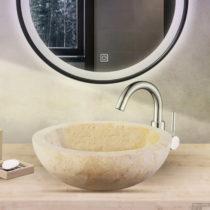 Waskom BWS Stone Rond 35x35x12 cm Gepolijst Natuursteen Creme Nieuw
