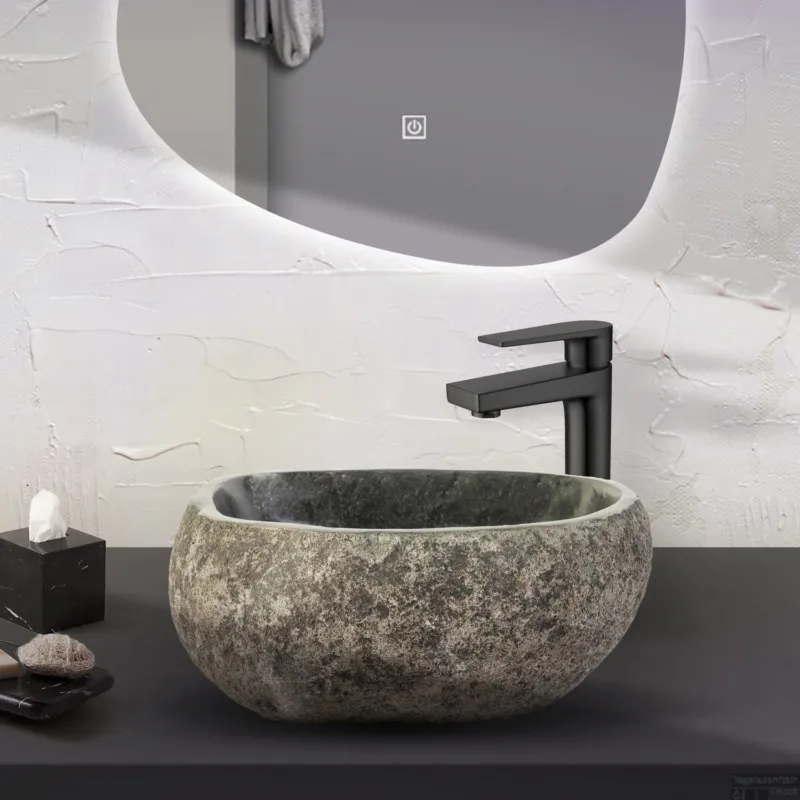 Beperkt Aanbod Waskom BWS Stone 30-35x15x12 cm Riviersteen Grijs