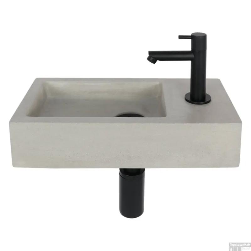 Fonteinset Differnz Jukon Rechts 38.5x18.5x9 cm Beton Grijs (inclusief mat zwarte kraan sifon en afvoer) Goedkoop
