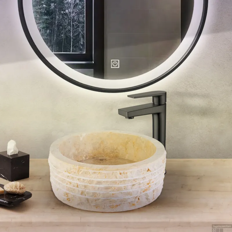 Waskom BWS Stone Rond 40x40x15 cm Gepolijste Binnenzijde Natuursteen Creme Nieuw