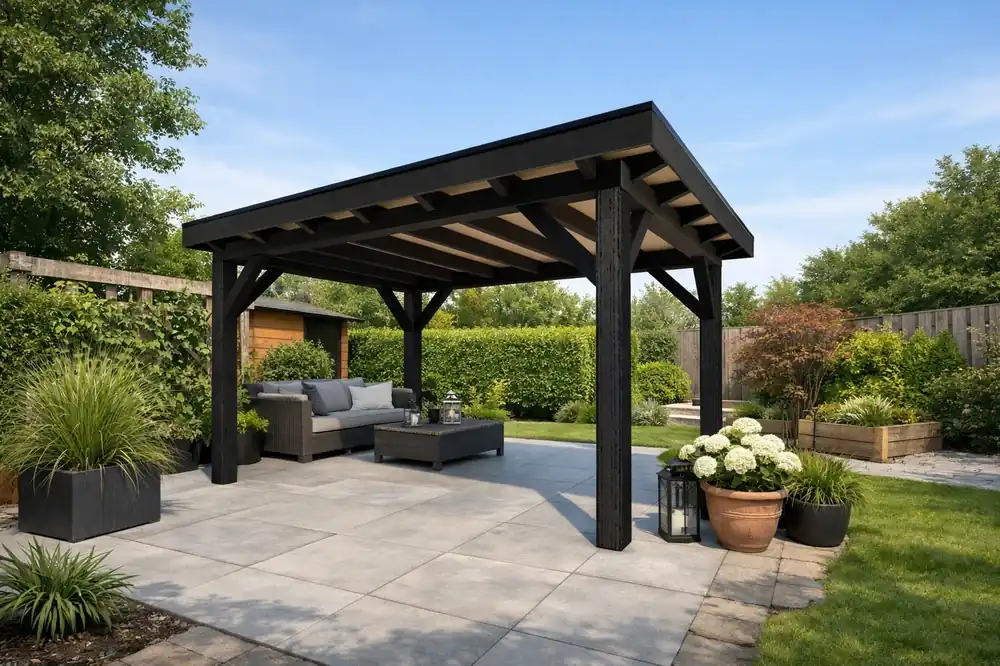 Flitsaanbieding Douglas Overkapping 400x400 cm / 4x4 m | Materialenpakket | Robuust | Zwart Geïmpregneerd - Basis materiaalpakket Robuust 400 x 400