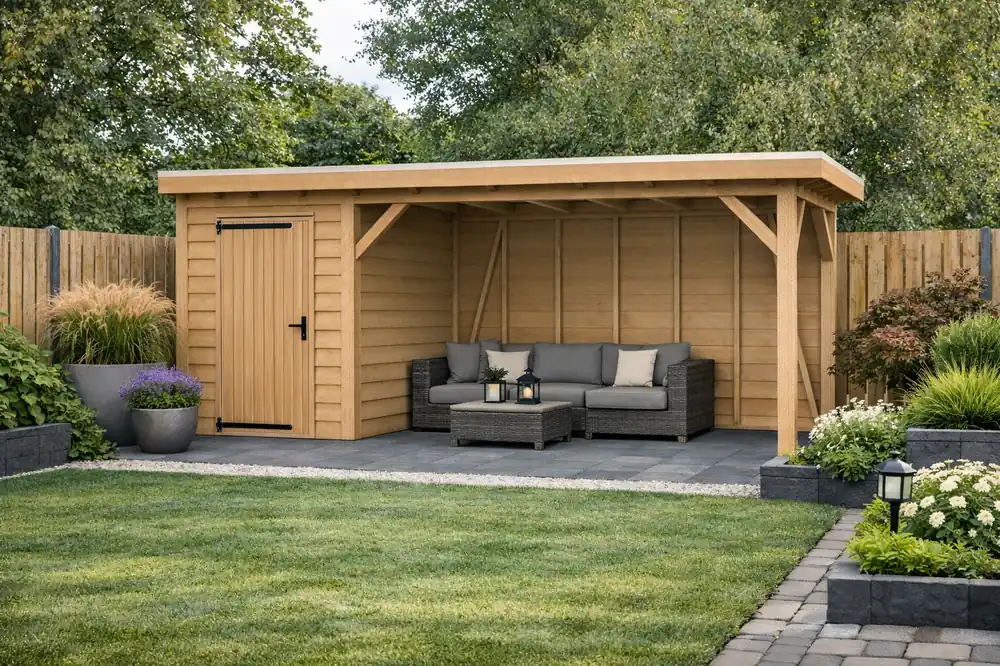 Favoriet Douglas Overkapping Met Schuur 600x350 cm | 6x3,5 m Bouwpakket | Robuust - Materiaalpakket met Schuur Robuust 600 x 350