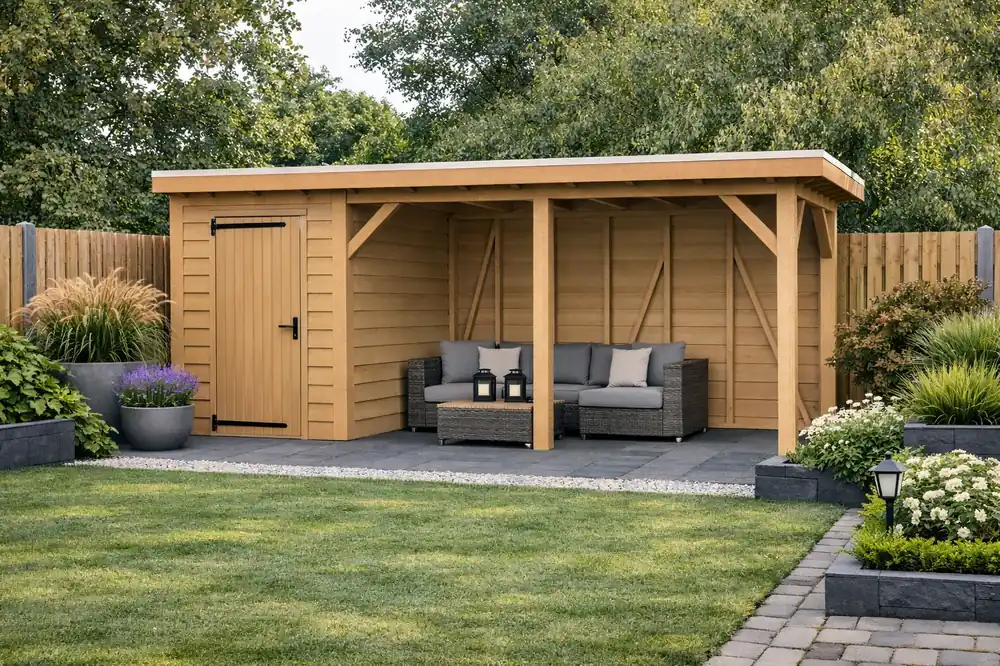 Douglas Overkapping Met Schuur 700x350 cm | 7x3,5 m Bouwpakket | Robuus - Materiaalpakket met Schuur Robuust 700 x 350 Laatste Versie