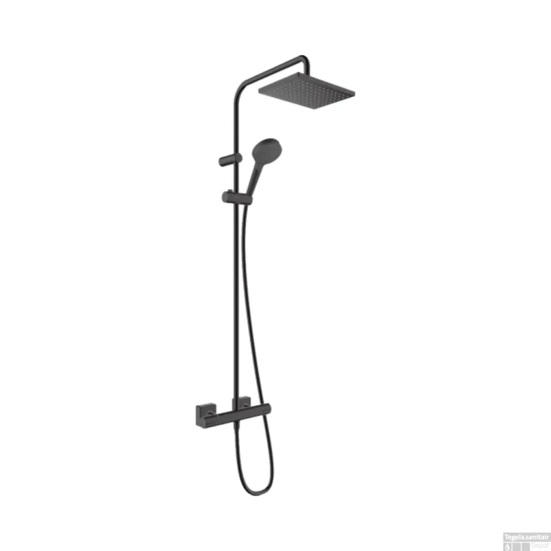 Regendouche set HansGrohe Vernis Shape Showerpipe 230 1 Jet met Douchethermostaat EcoSmart Mat Zwart Direct Beschikbaar