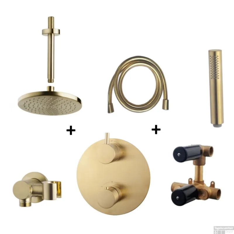Wiesbaden Inbouw Regendouche Set Caral Rond Plafonduitloop Geborsteld Messing Goud PVD Coating Meest Verkocht