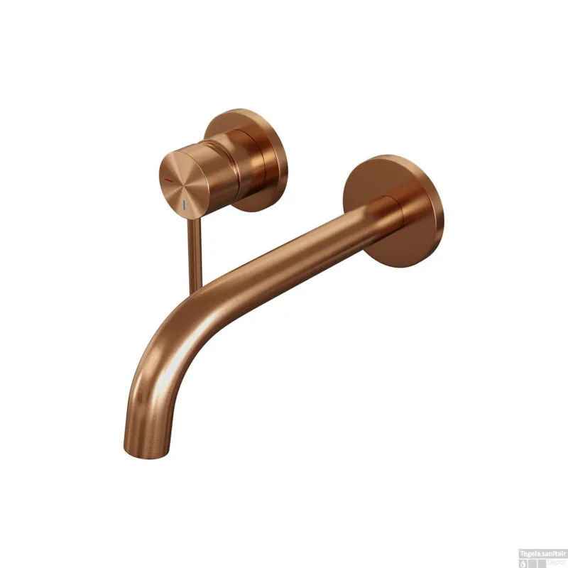 Rechtstreeks Van De Fabrikant Inbouw Wastafelmengkraan Brauer Copper Edition Coldstart Gebogen Uitloop Ronde Hendel Links Geborsteld Koper PVD Met Rozetten