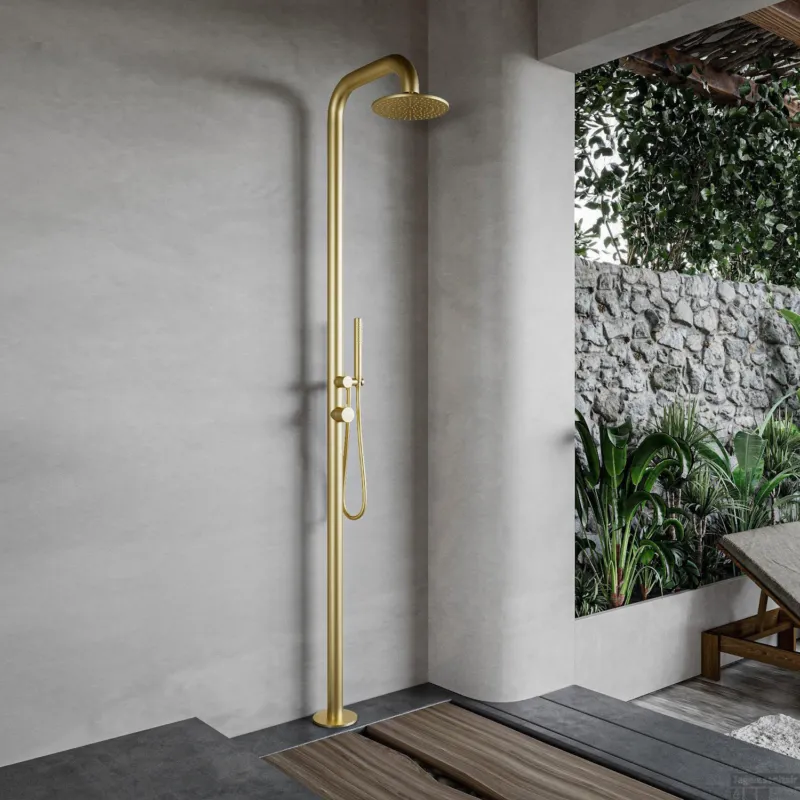 Buitendouche vrijstaand Fortifura Outdoor Deluxe Regendouche Met Handdouche Geborsteld Messing Nieuw