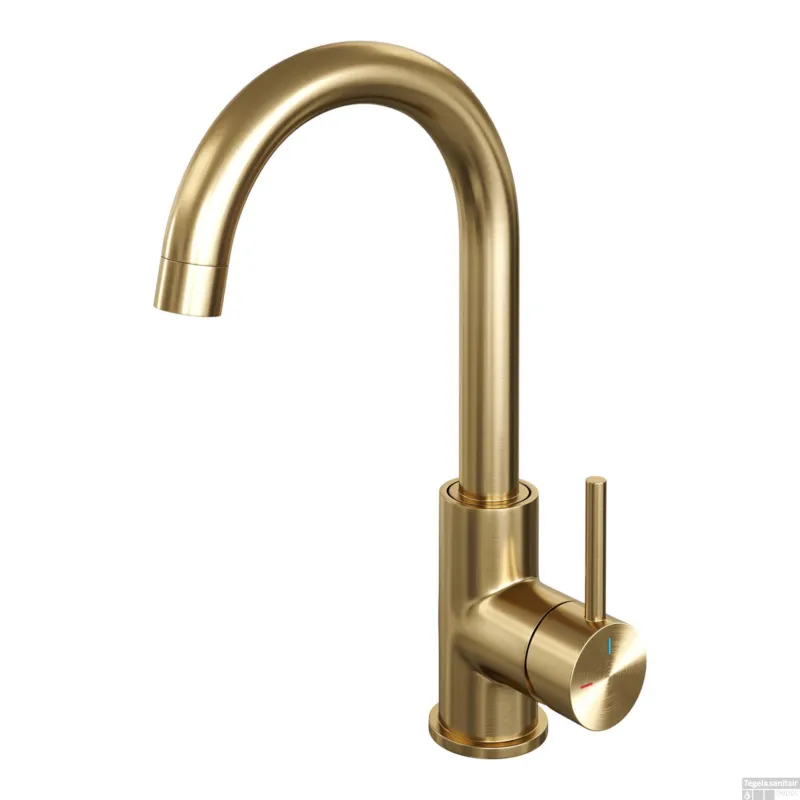 Wastafelmengkraan Brauer Gold Edition Coldstart Opbouw Hoog Gebogen Ronde Hendel Geborsteld Goud PVD Hoge Kwaliteit