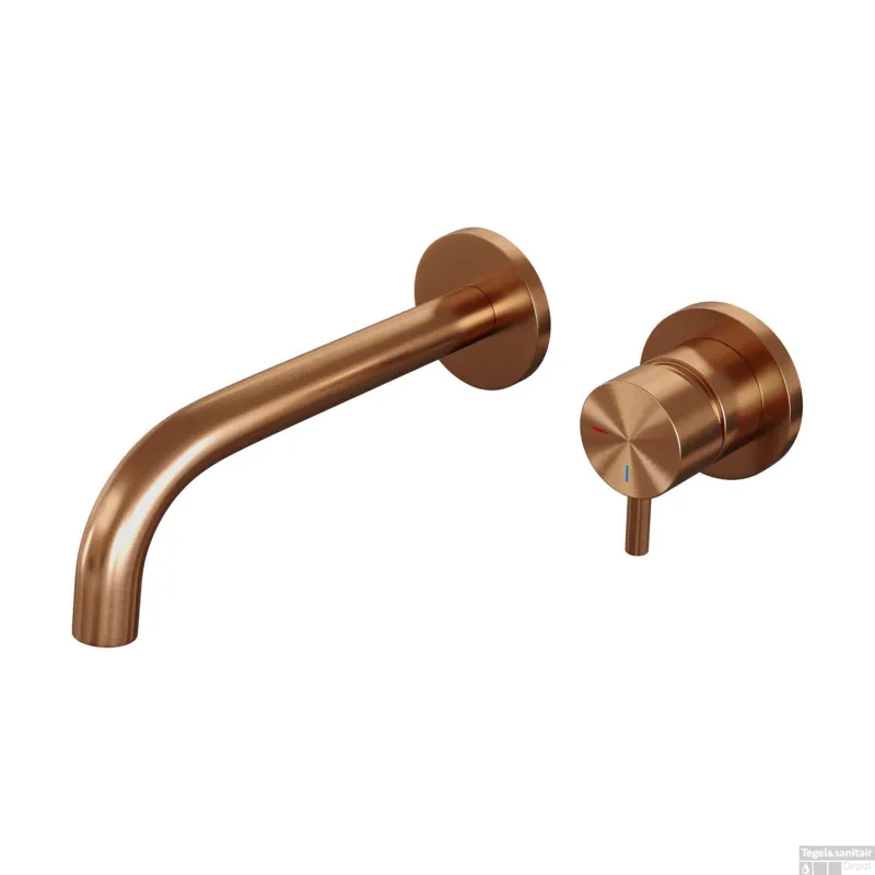 Aanbieding Inbouw Wastafelmengkraan Brauer Copper Edition Coldstart Gebogen Uitloop Korte Ronde Hendel Rechts Geborsteld Koper PVD Met Rozetten