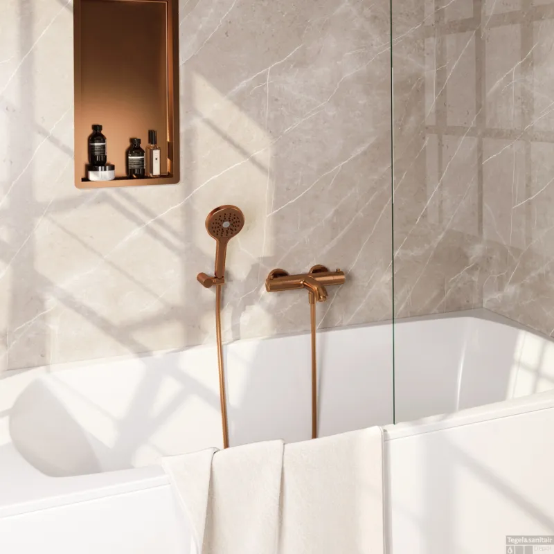 Nu Kopen Opbouwset Bad- en Douchekraan Brauer Copper Edition Thermostatisch Met Wandhouder En Handdouche 3 Standen Geborsteld Koper