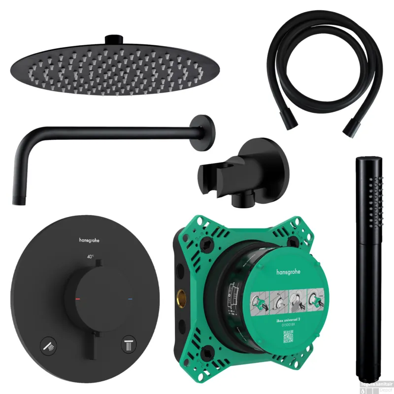 Favoriet Regendouche Inbouw Hansgrohe Ecostat Wanduitloop met Handdouche en Hoofddouche 30 cm Thermostaat Rond Mat Zwart
