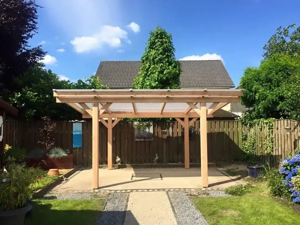 Vrijstaande Veranda Douglas Duplo 120+ polycarbonaatsysteem LT20V 400X306cm - Extra betonpoer Nieuw