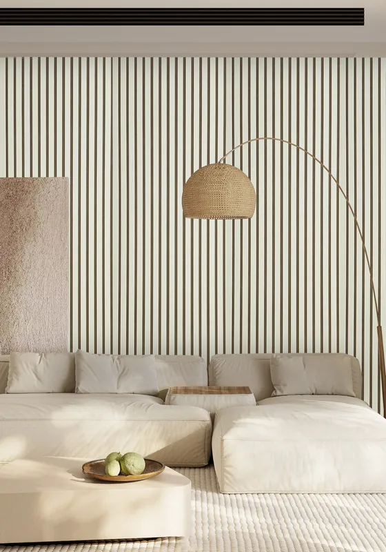 Akoestische wandpanelen - 280 x 60 cm - Beige mat met beige vilt - Lattenwand - Akupanel Betrouwbaar