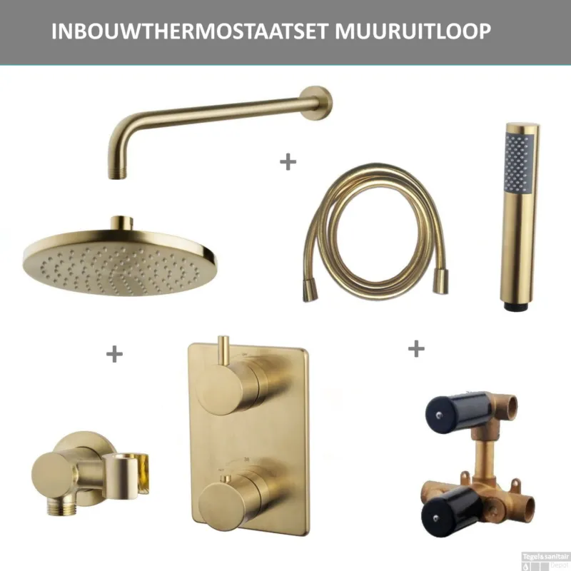 Thermostatisch Inbouwdoucheset BWS Muuruitloop Rond 20 cm Geborsteld Messing Goud Must-Have