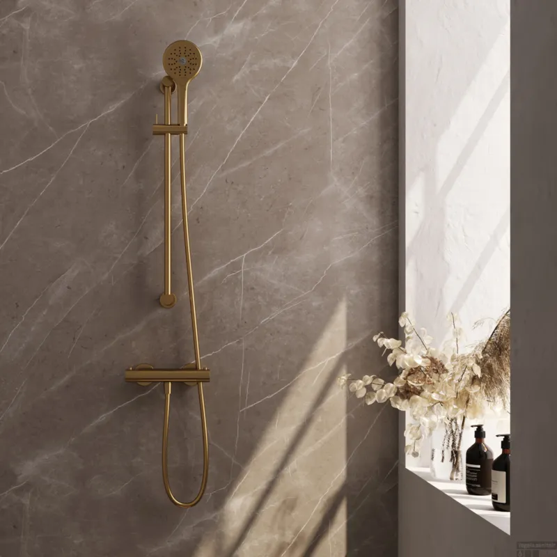 Tijdelijk Beschikbaar Brauer Stripe opbouw douche thermostaatkraan SET 02 met glijstang en 3-standen handdouche en doucheslang goud geborsteld PVD