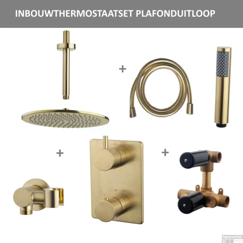 Aanbieding Thermostatisch Inbouwdoucheset BWS Plafonduitloop Rond 30 cm Geborsteld Messing Goud
