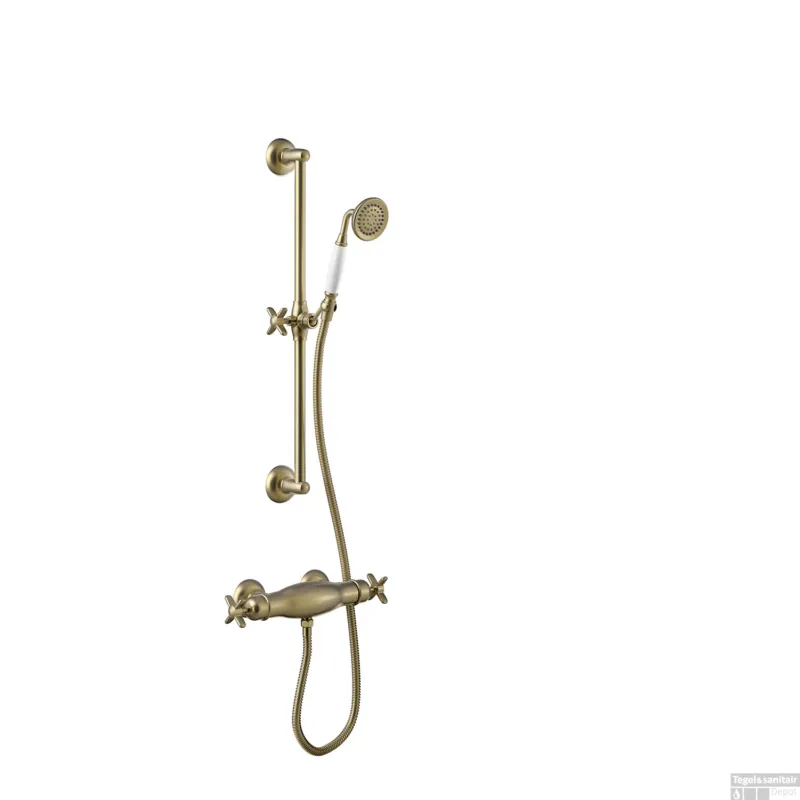 Superprijs Douchekraan Tres Clasic Thermostatisch Set Incl. Glijstang en Handdouche Verouderd Messing Mat