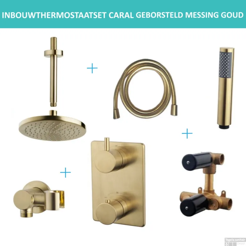 Inbouwthermostaatset Wiesbaden Caral Rond 20cm Plafonduitloop Geborsteld Messing Goud PVD Coating Uitverkoop