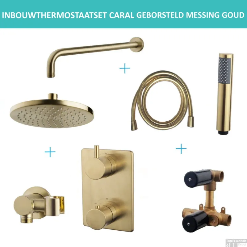 Uitverkoop Inbouwthermostaatset Wiesbaden Caral Rond 20cm Muuruitloop Geborsteld Messing Goud PVD Coating