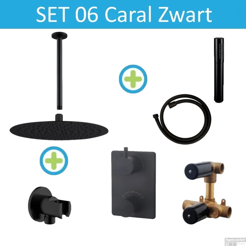 Wiesbaden Inbouw Regendouche Set 06 Caral Rechthoek Plafonduitloop Mat Zwart Snelle Levering