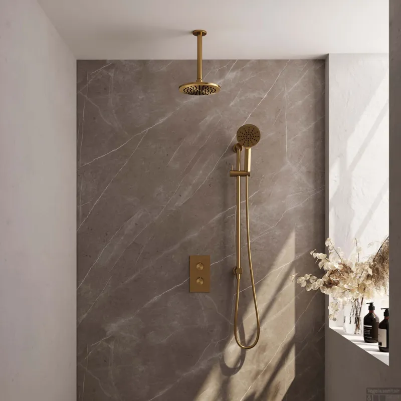 Actieprijs Regendoucheset Inbouw Brauer Gold Edition Thermostatisch 20cm met 3-Weg Omstelling, Plafondarm, Glijstang en Handdouche 3-Standen Geborsteld Goud
