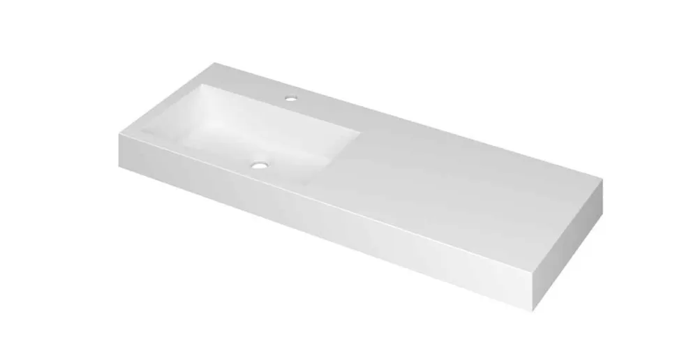 Betaalbaar MOMENTO Wastafel met enkele wasbak in polystone of quartz | 120 x 45 x 9 wasbak links