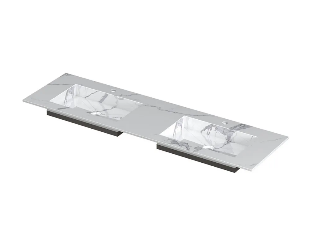 Seizoensaanbieding POST Wastafel met enkele wasbak in keramische slab met schuinaflopende envelop bodem | 160 x 45 x 1 wasbak dubbel