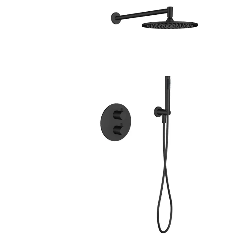 Regn complete thermostatische regendouche inbouwset met rond bedieningselement Mat zwart Op = Op