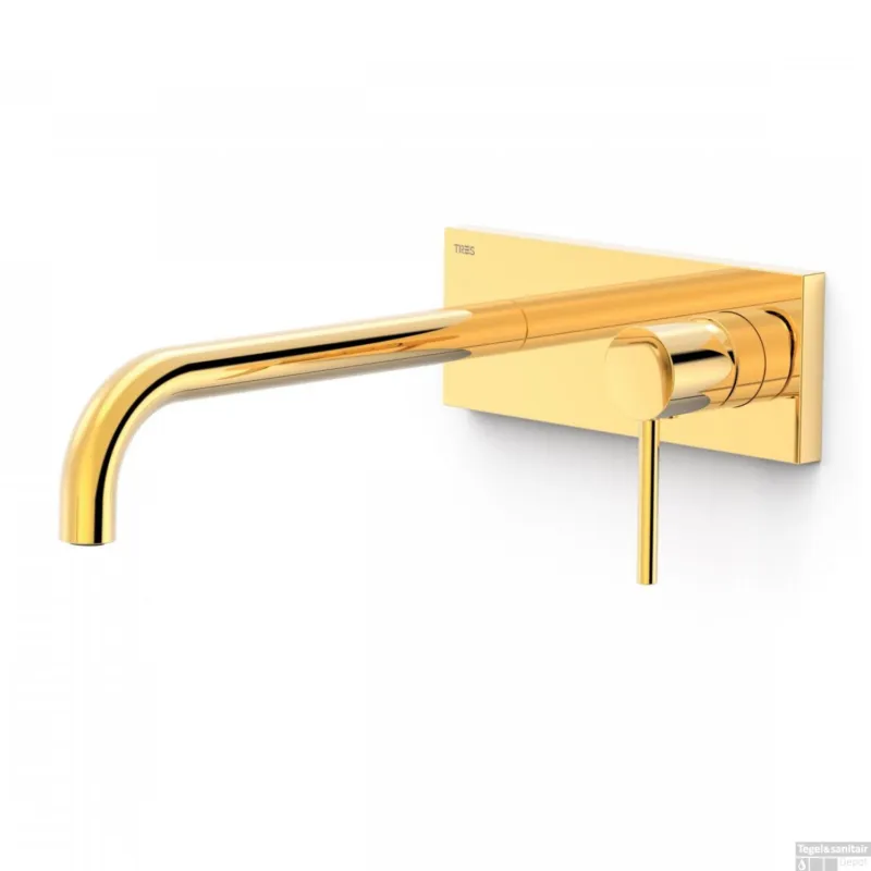Wastafelmengkraan Inbouw Tres Study Exclusive met Afdekplaat Gebogen Uitloop 24 cm en Hendel Goud Express Levering