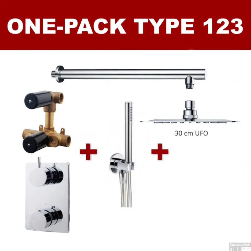 Finale Uitverkoop Thermostatische Inbouw Regendouche Set Wiesbaden Type 123 Wandarm Ufo 30 cm Rond incl. Inbouwdeel