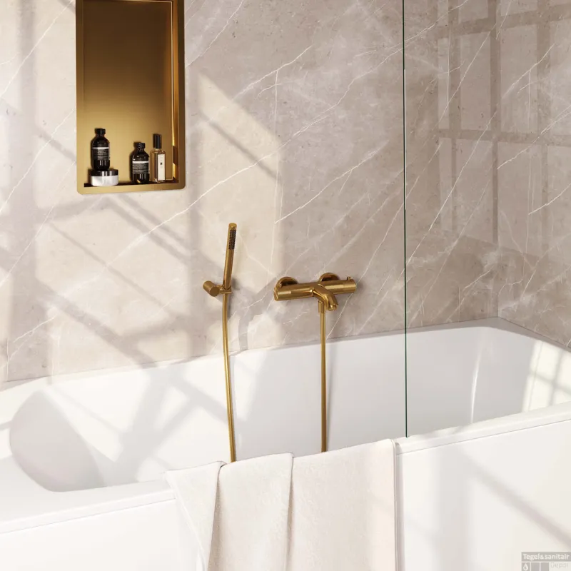 Shop Nu Opbouwset Bad- en Douchekraan Brauer Gold Carving Thermostatisch Met Wandhouder Geborsteld Goud