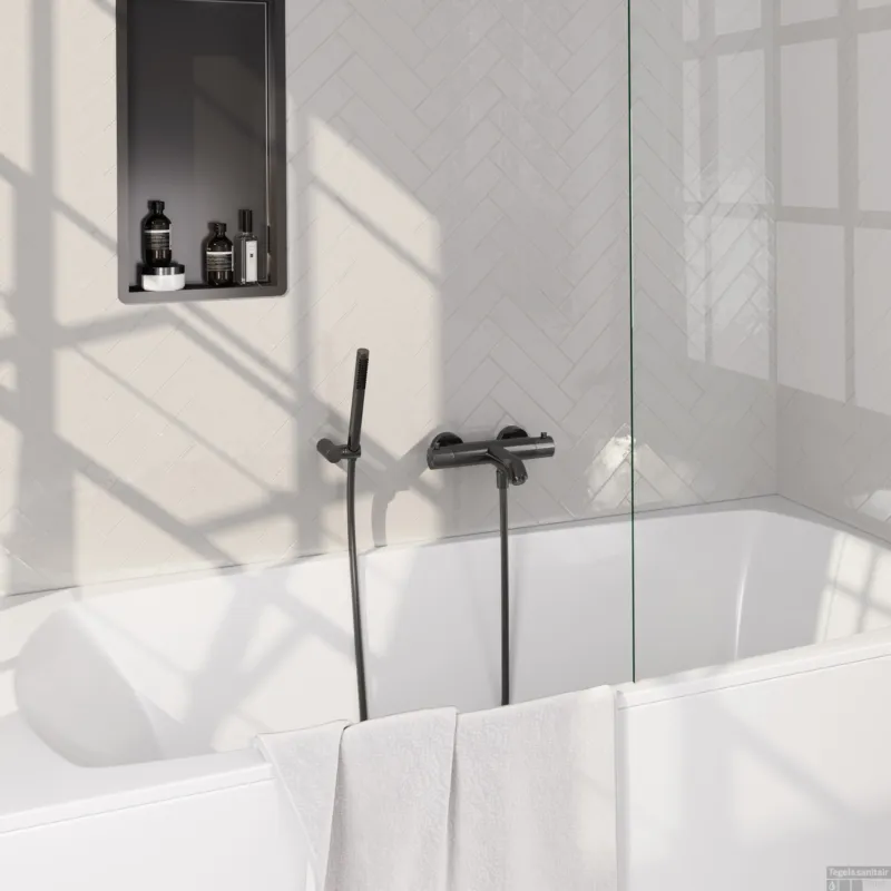 Brauer Stripe opbouw baddouche thermostaatkraan SET 03 met wandhouder en staaf handdouche en doucheslang gunmetal geborsteld PVD Goedkoop