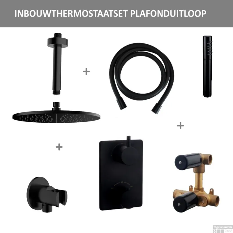 Thermostatisch Inbouwdoucheset BWS Plafonduitloop Rond 30 cm Mat Zwart Shop Nu