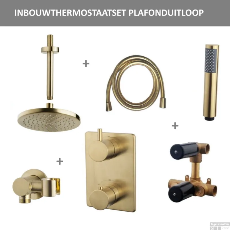 Beste Prijs Thermostatisch Inbouwdoucheset BWS Plafonduitloop Rond 20 cm Geborsteld Messing Goud