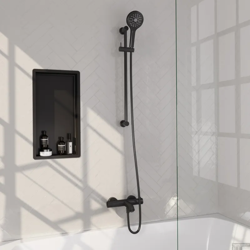 Superprijs Brauer Stripe opbouw baddouche thermostaatkraan SET 02 met glijstang en 3-standen handdouche en doucheslang mat zwart